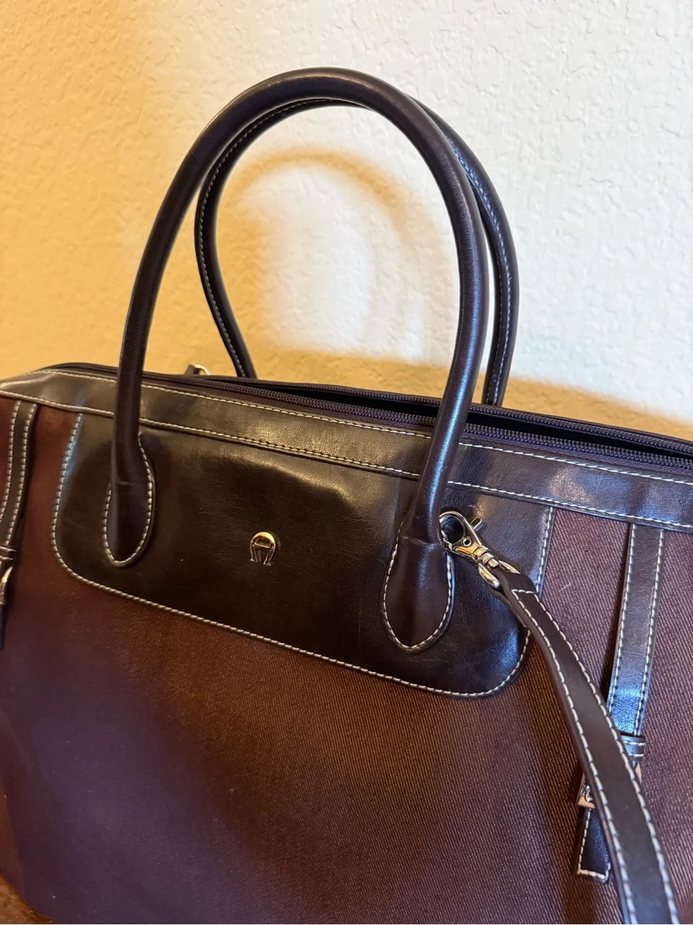 Etienne Aigner Brown Canvas Duffel with Dark Brown Leather Trim